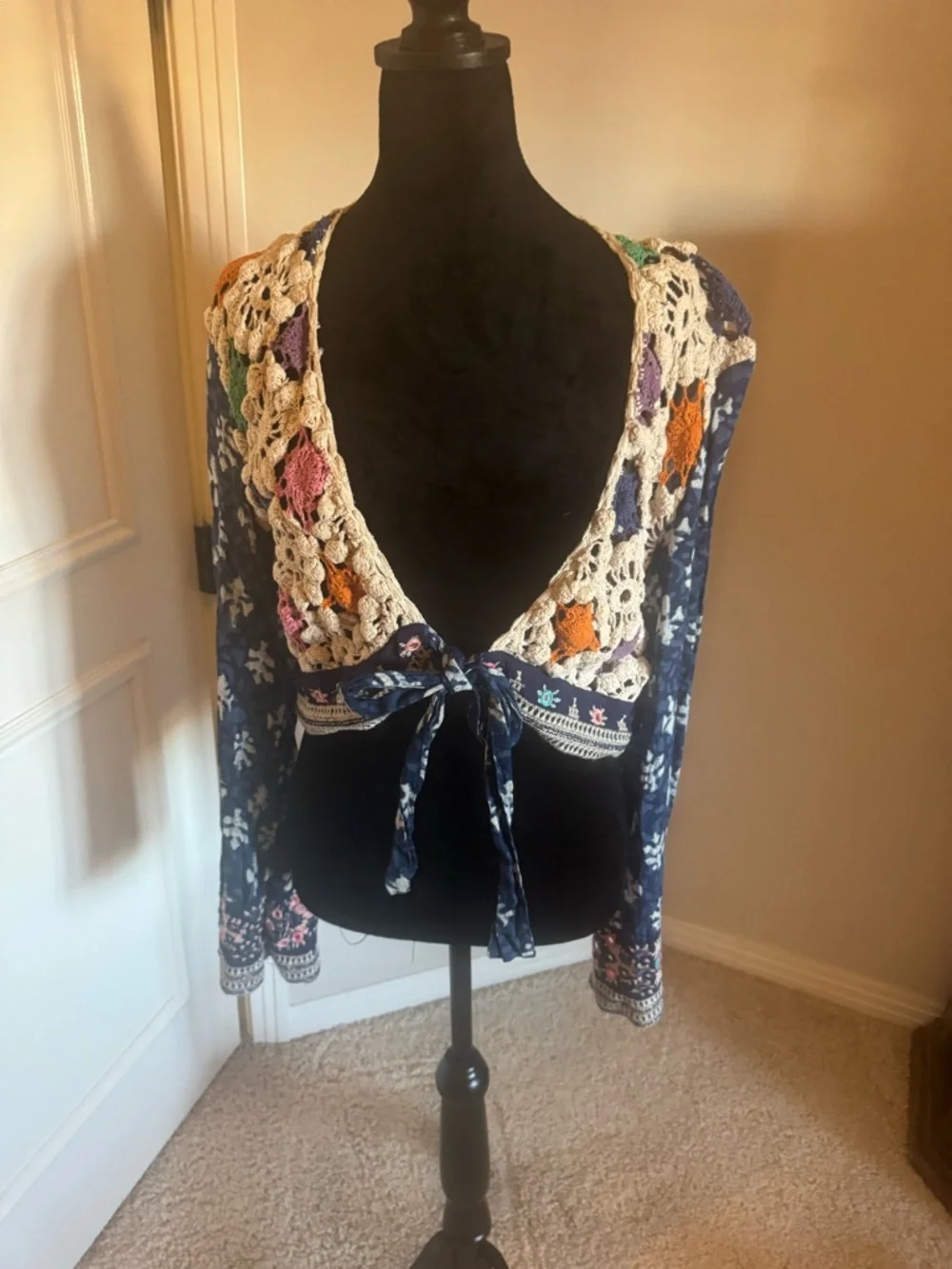 Free People Navy Crochet-Trim Tie Front Crop Top Size Medium